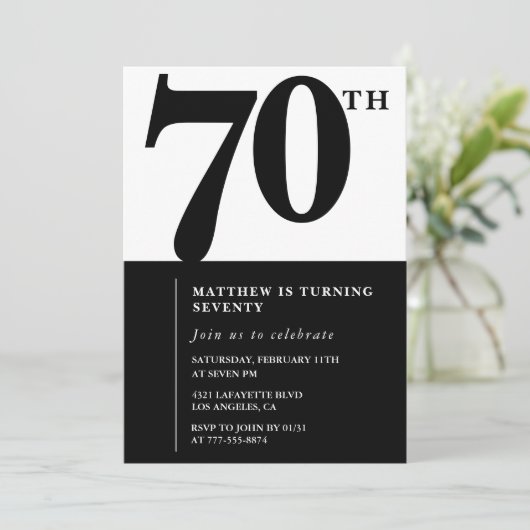 ブラックシックモダンな70歳の誕生日招待状 招待状 (スタンド正面)