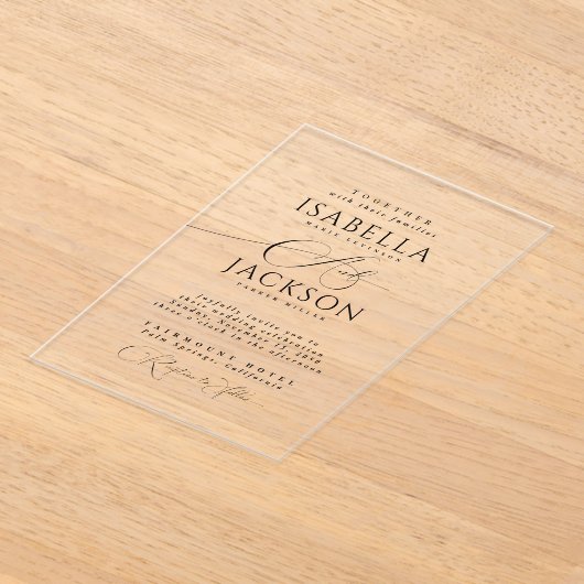 ブラックシックモダンス澄んト結婚スクリプト アクリル招待状 (レイダウン)