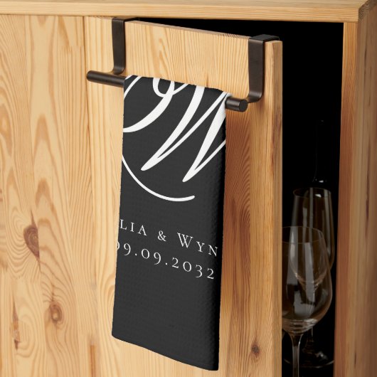 ブラックシックモノグラム結婚ズ キッチンタオル (三つ折り)