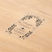 ブラックシテラルスターリーフローラ結婚アーチズ アクリル招待状 (レイダウン)