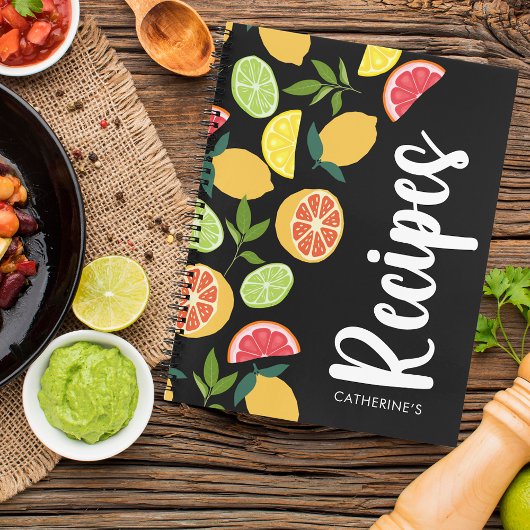 ブラックシトラスレモンオレンジパターンネームレシピ ノートブック