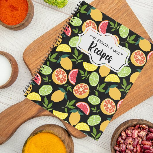 ブラックシトラスレモンオレンジパターンファミリーレシピ ノートブック