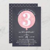 ブラックシャルボードピンクバルーンガール誕生日 招待状 (正面/裏面)