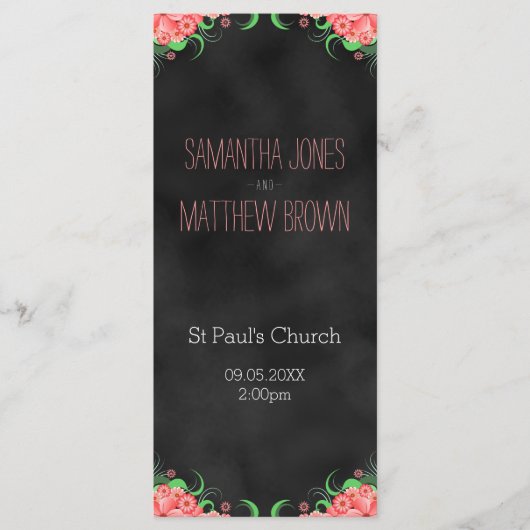 ブラックシャルボードピンクフローラ結婚式 プログラムカード プログラム (正面)