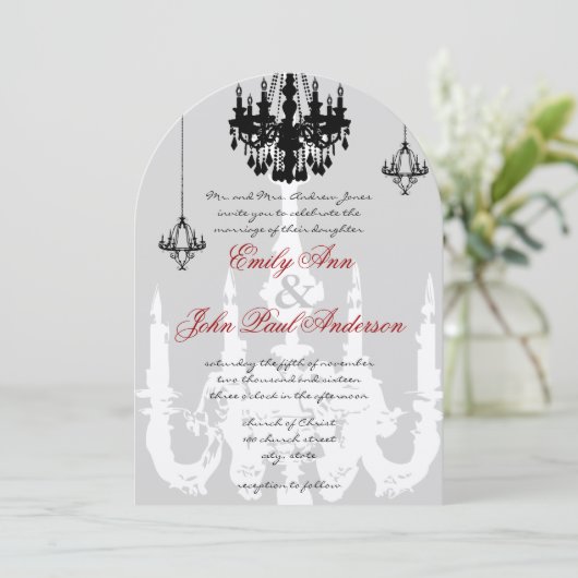 ブラックシャンデリアズレッドアクセント結婚式招待状 招待状 (スタンド正面)