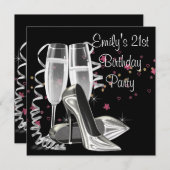ブラックシャンパン ハイ ヒール 21歳の誕生日パーティー 招待状 (正面/裏面)