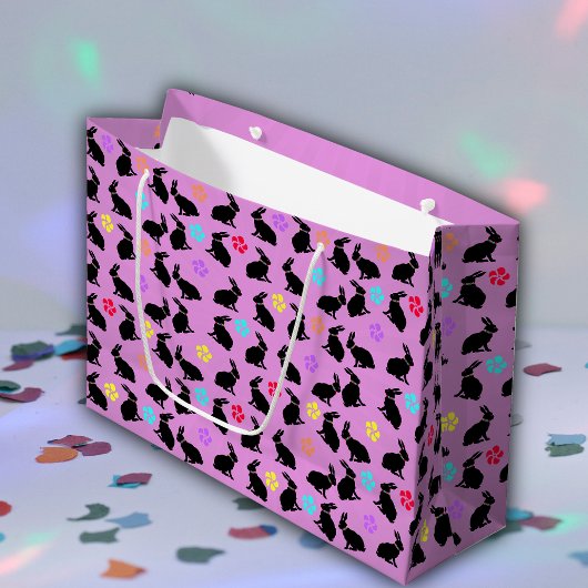 ブラックシルエットウサギの束フラワーピンク ラージペーパーバッグ