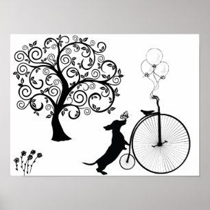 ブラックシルエットダックスシャント自転車アート ポスター