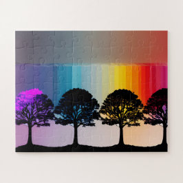 ブラックシルエットツリーパープル葉レインボーフェンス ジグソーパズル