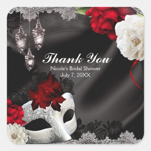 ブラックシルクエレガントフローラ&レースマスカレードパーティー スクエアシール (正面)