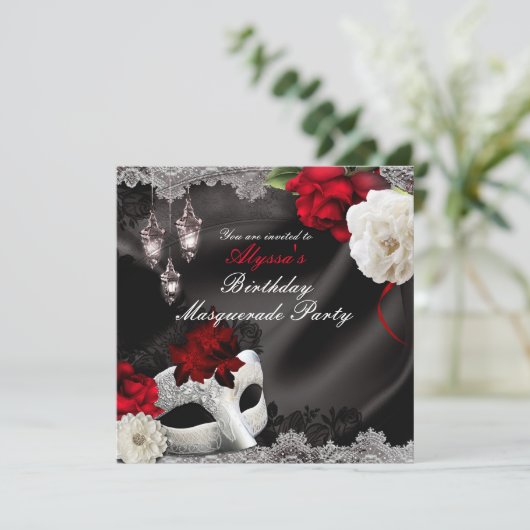 ブラックシルクエレガントフローラ&レースマスカレードパーティー 招待状 (スタンド正面)