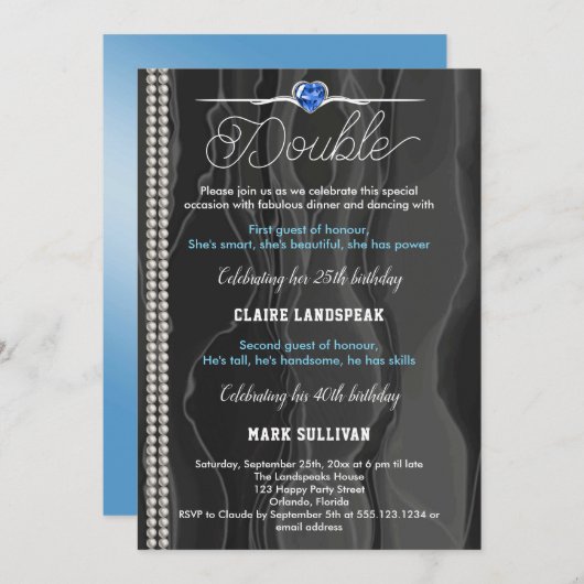 ブラックシルクパール&ブルーアダルトジョイント誕生日 招待状 (正面/裏面)