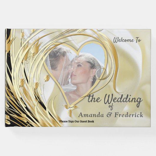 ブラックシルバーおよび金ゴールドサテン、銅/真鍮質感 ゲストブック (正面)