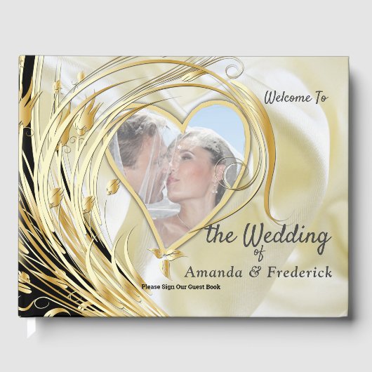 ブラックシルバーおよび金ゴールドサテン、銅/真鍮質感 ゲストブック (正面)