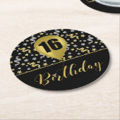 ブラックシルバーおよび金ゴールド16誕生日紙吹雪 ラウンドペーパーコースター (アングル)