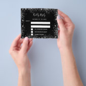 ブラックシルバーのグリッターが輝く、予算に優しい結婚式の出欠確認カード チラシ (手)