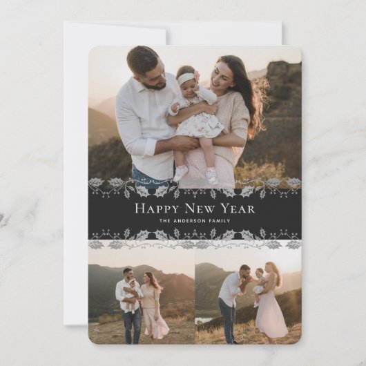 ブラックシルバーのホーリー写真ハッピーニューイヤーカード シーズンカード (正面)