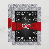 ブラックシルバーの花のハートの偽の箔の返信カード 出欠カード (正面/裏面)