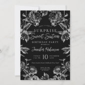 ブラックシルバーの花柄 フォト サプライズ スイート16 招待状 (正面)