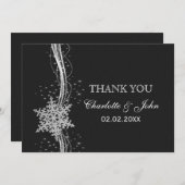 ブラックシルバーの雪の結晶の冬の結婚式のお礼 招待状 (正面/裏面)