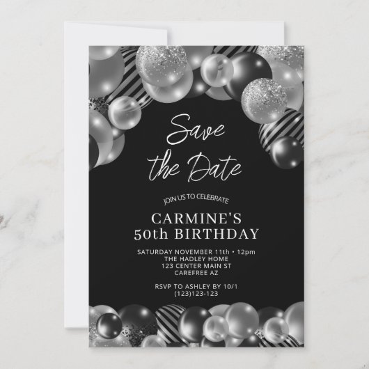 ブラックシルバーの50歳の誕生日Save the Date 招待状 (正面)
