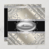 ブラックシルバーアイボリー白黒パーティー 招待状 (正面/裏面)