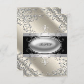 ブラックシルバーアイボリー白黒RSVP 出欠カード (正面/裏面)