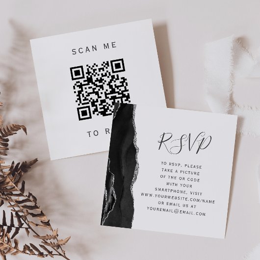 ブラックシルバーアゲートの結婚式QRコードRSVP エンクロージャーカード