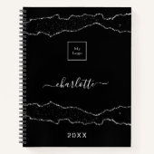 ブラックシルバーアゲート大理石のビジネスロゴ ノートブック (正面)
