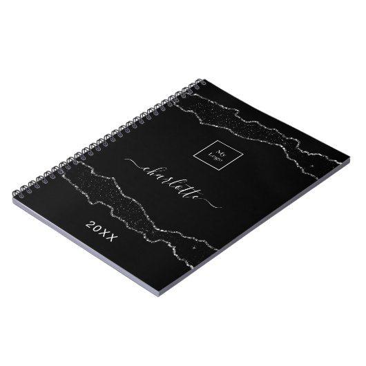 ブラックシルバーアゲート大理石のビジネスロゴ ノートブック (左側)