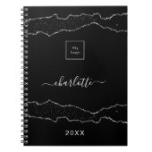 ブラックシルバーアゲート大理石のビジネスロゴ ノートブック (正面)