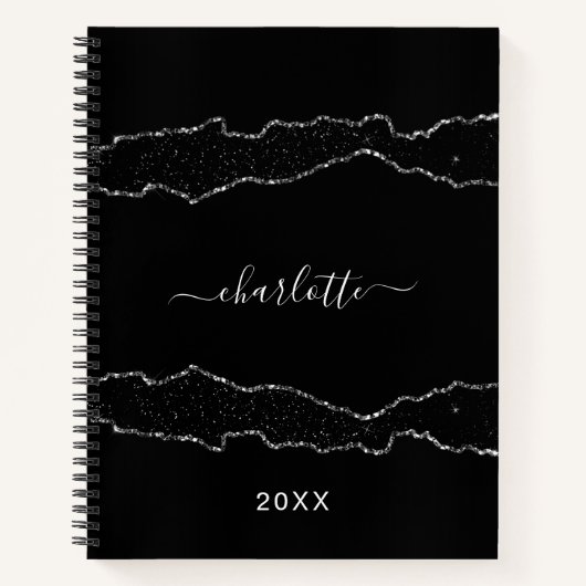 ブラックシルバーアゲート大理石ネームスクリプト ノートブック (正面)