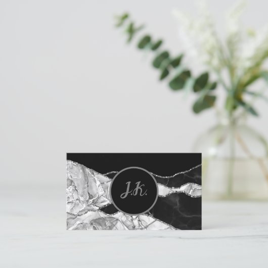 ブラックシルバーイニシャルアゲートグラムマーブル 名刺 (スタンド正面)