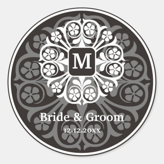 ブラックシルバーイニシャルMモノグラムシールパーティーの好意 ラウンドシール (正面)