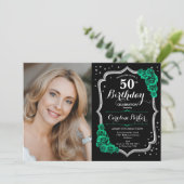 ブラックシルバーエメラルドグリーンフォト50誕生日 招待状 (スタンド正面)