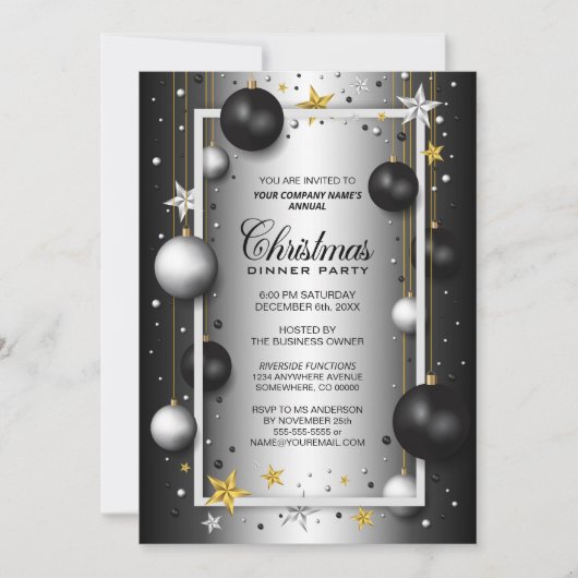 ブラックシルバーオーナメント企業のクリスマスディナー 招待状 (正面)