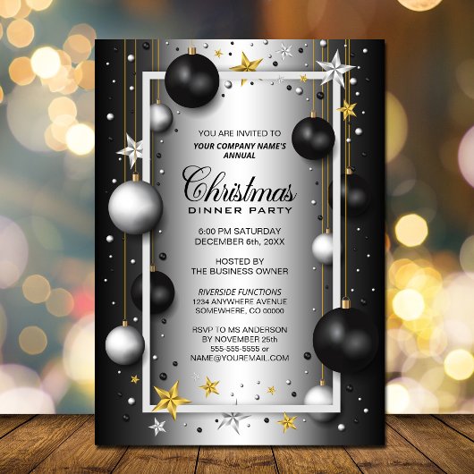 ブラックシルバーオーナメント企業のクリスマスディナー 招待状