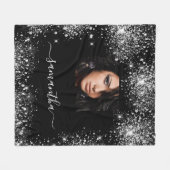 ブラックシルバーカスタム写真グリッター フリースブランケット (正面(横))