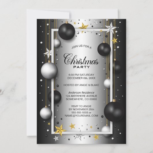 ブラックシルバークリスマスオーナメントクリスマスパーティー 招待状 (正面)