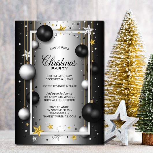 ブラックシルバークリスマスオーナメントクリスマスパーティー 招待状