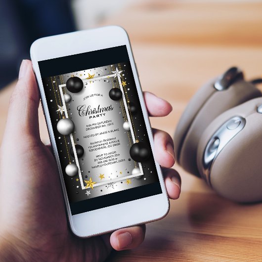 ブラックシルバークリスマスオーナメントクリスマスパーティー 招待状