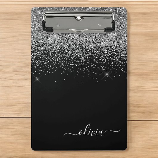 ブラックシルバーグリッターガーリー モノグラム ネーム ミニクリップボード