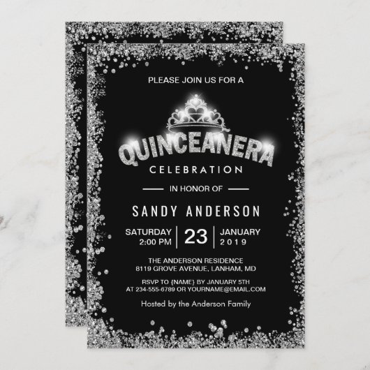 ブラックシルバーグリッターキンセアニェラ15誕生日 招待状 (正面/裏面)
