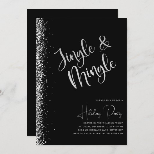 ブラックシルバーグリッタージンルミングルホリデーパーティー 招待状 (正面/裏面)