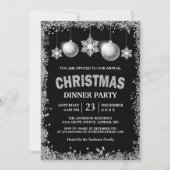 ブラックシルバーグリッタースノーフレークスクリスマスパーティー 招待状 (正面)
