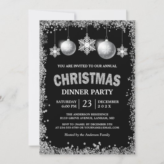 ブラックシルバーグリッタースノーフレークスクリスマスパーティー 招待状 (正面)