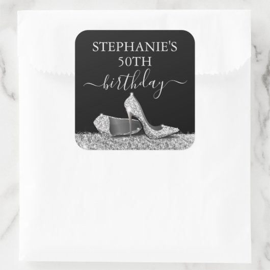 ブラックシルバーグリッターハイヒール誕生日 スクエアシール (バッグ)
