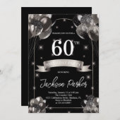 ブラックシルバーグリッターバルーン60th誕生日パーティー 招待状 (正面/裏面)
