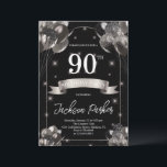 ブラックシルバーグリッターバルーン90thバースデーパーティー 招待状<br><div class="desc">ブラックシルバーグリッターバルーン90th誕生日パーティーの招待状。銀飾製のグリッターと風船とこの黒祝と銀の誕生日パーティーで特別な日にはスタイリッシュ、黒の背景色でクラシックフォントにあなたのパーティー詳細を招くシンプル、と驚きの大人のマイルストーンの誕生日の招待と女性を驚かせます。私のショップNiceStudioCreativeでは、より多くのデザインやパーティーの供給が利用可能である。</div>