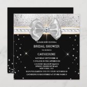 ブラックシルバーグリッターボウきらめくスパークルエレガント 招待状 (正面/裏面)